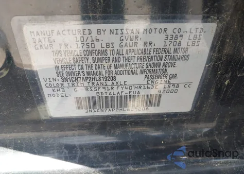 2017 Nissan Versa 1.6 S from USA, damaged, VIN 3N1CN7AP2HL819208